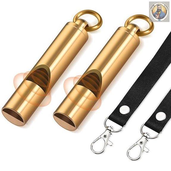 Brass Emergency Whistles with Tangle-Free Lanyard (2 Pack)