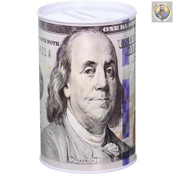 Round Metal Coin Bank with $100 Bill Design