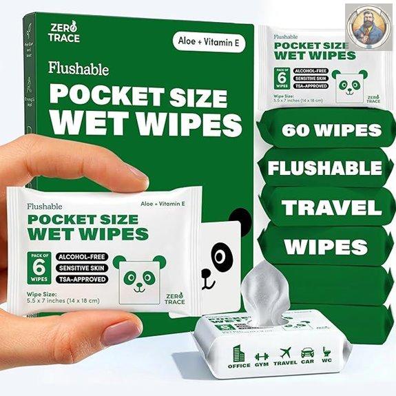Zero Trace Flushable Travel Wipes with Aloe (60 Pack)