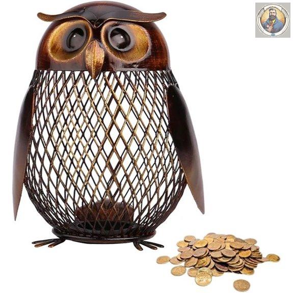 Tooarts Owl Shaped Metal Coin Bank Box Handwork Crafting Art